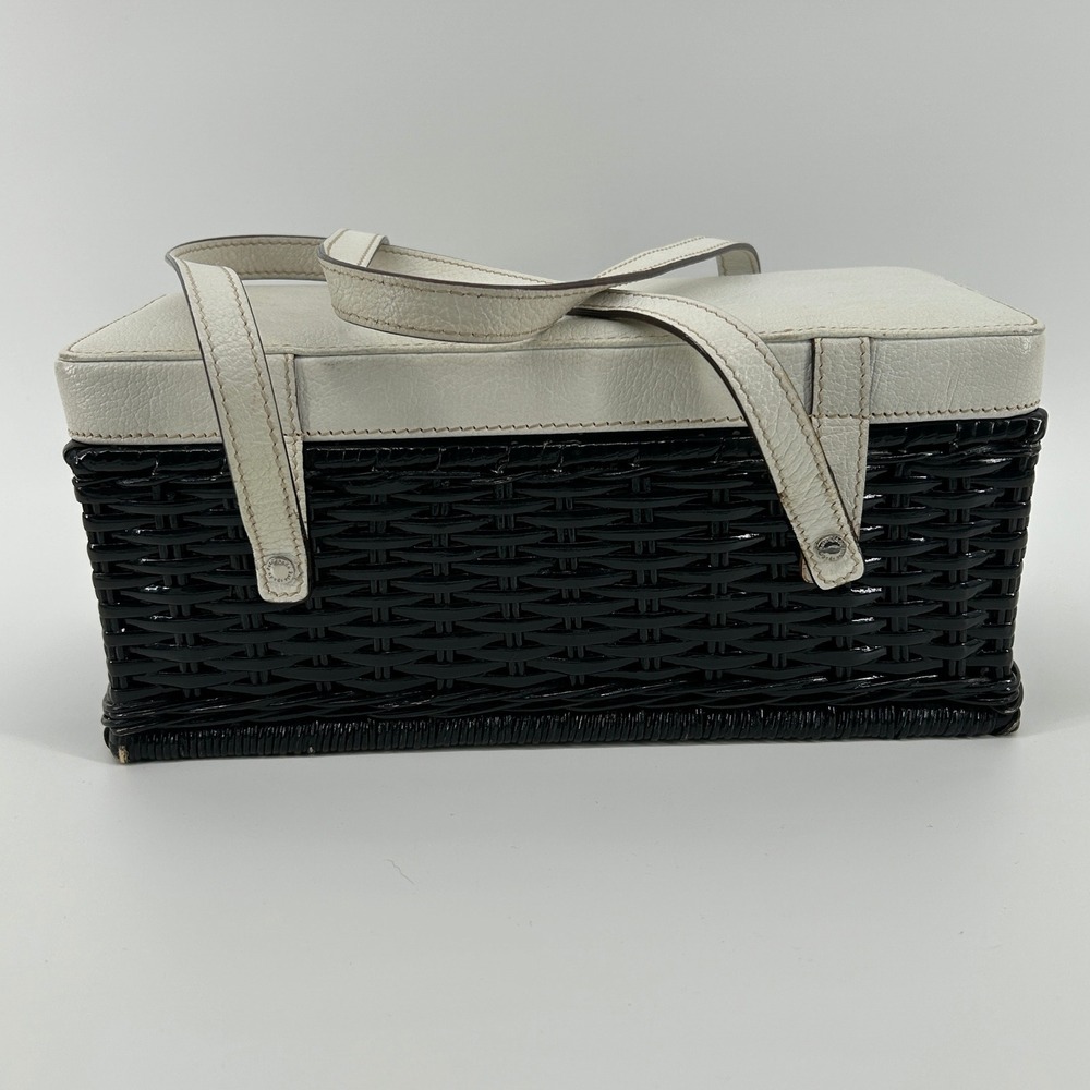 Vintage Kate Spade New York Black Wicker Basket White Leather Bag Polka Dot - Picture 13 of 16